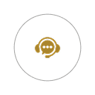 A gold headset icon with a speech bubble inside, centered on a white circular background.