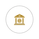 A gold icon of a classical bank building with a dollar symbol, centered in a white circle.