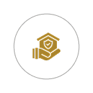 A gold icon showing a hand holding a house with a shield and checkmark, symbolizing protection or security, on a white circular background.
