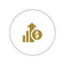 Graph with upward trend, dollar symbol, and arrow inside a white circle, indicating financial growth or increase in profits.