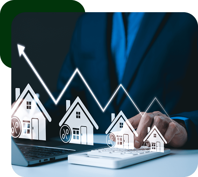 Person typing on a keyboard with overlay of rising graph and house icons, symbolizing real estate growth.